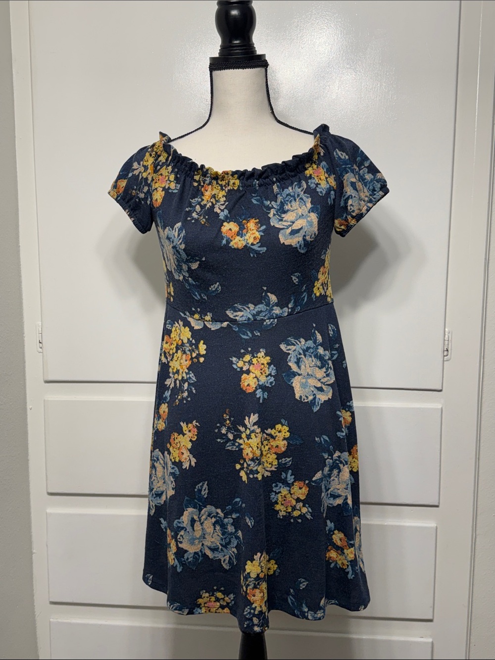 Xhilaration Navy Floral Ruffle Neck Mini Dress